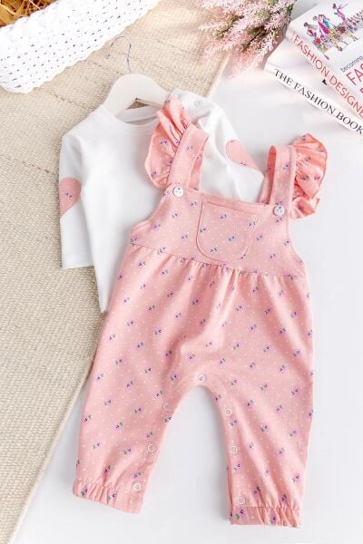 Çiçekli Fırfırlı 100% Pamuk 2'li Kız Bebek Salopet Tulum Set