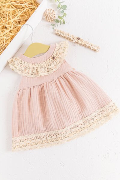 Güpür Yakalı Bandanalı Yazlık Müslin Bebek Elbise PUDRA - 18-24 AY