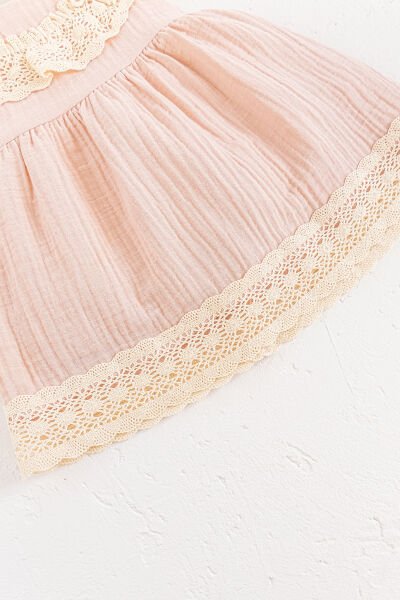 Güpür Yakalı Bandanalı Yazlık Müslin Bebek Elbise PUDRA - 18-24 AY