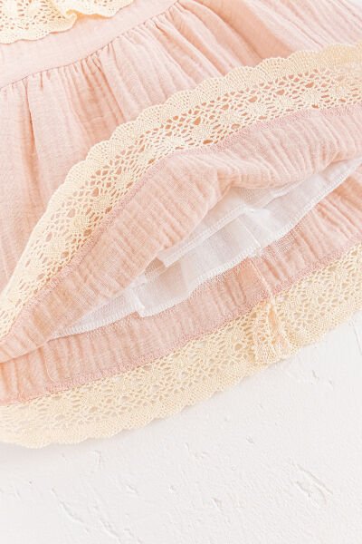 Güpür Yakalı Bandanalı Yazlık Müslin Bebek Elbise PUDRA - 18-24 AY