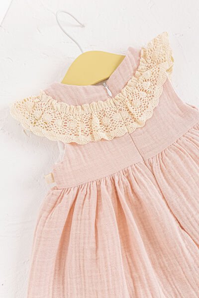 Güpür Yakalı Bandanalı Yazlık Müslin Bebek Elbise PUDRA - 18-24 AY