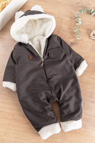 Kapüşonlu Kadife İçi Peluş Welsoft Erkek Bebek Tulum