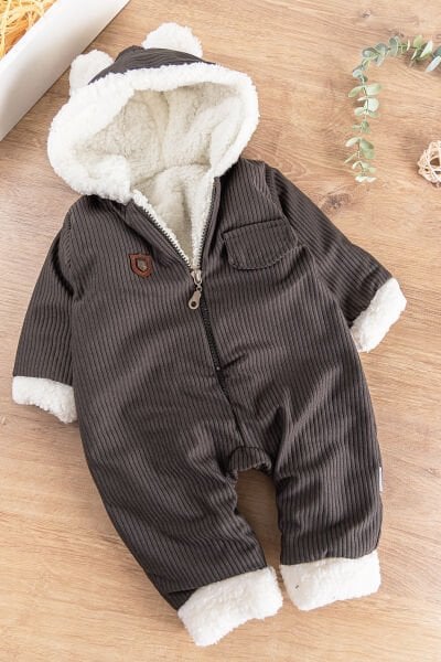 Kapüşonlu Kadife İçi Peluş Welsoft Erkek Bebek Tulum