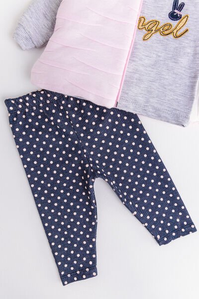 Angel İşlemeli Kapüşonlu Yelekli 3 Parça Kız Bebek Takım