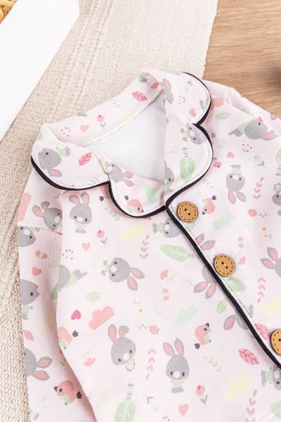 Tavşan Desenli Pamuklu Önden Düğmeli Kız Bebek Pijama Takımı