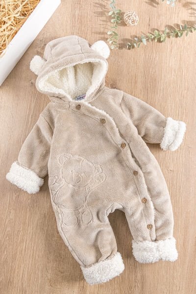 Ayıcık Figürlü Welsoft Peluş Astronot Kız/Erkek Bebek Tulum BEJ -  9-12 AY