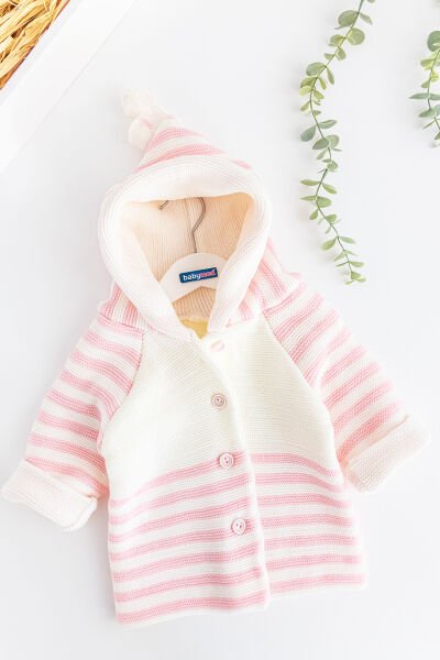 Kapüşonlu Pembe Çift Katlı Triko Kız Bebek Hırka
