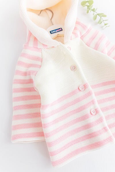 Kapüşonlu Pembe Çift Katlı Triko Kız Bebek Hırka