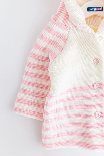 Kapüşonlu Pembe Çift Katlı Triko Kız Bebek Hırka