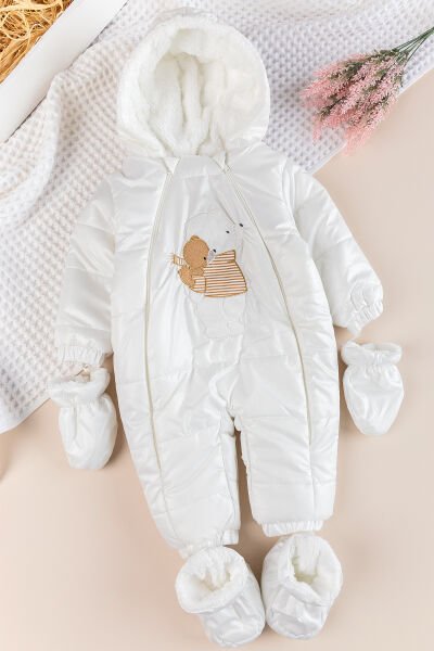 Peluş Astarlı Kız Erkek ebek Astronot Tulum BEYAZ -  12 Ay