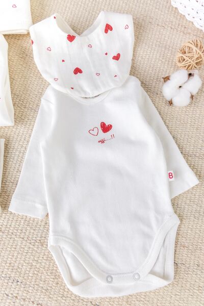 Kalp Desenli Müslin 100% Pamuk 10'lu Kız Bebek Hastane Çıkışı Bebek Takımı Set