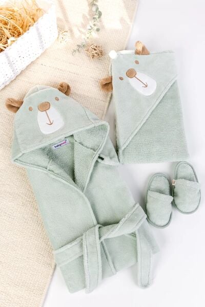 Ayıcık Fiğürlü Antibakrariyel Kız /Erkek  Bebek Bornoz Takımı Seti