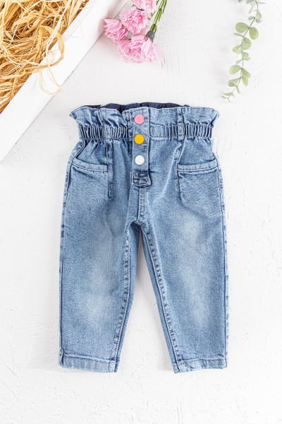 Beli Büzgülü Kız Bebek Denim Kumaş Kot Pantolon