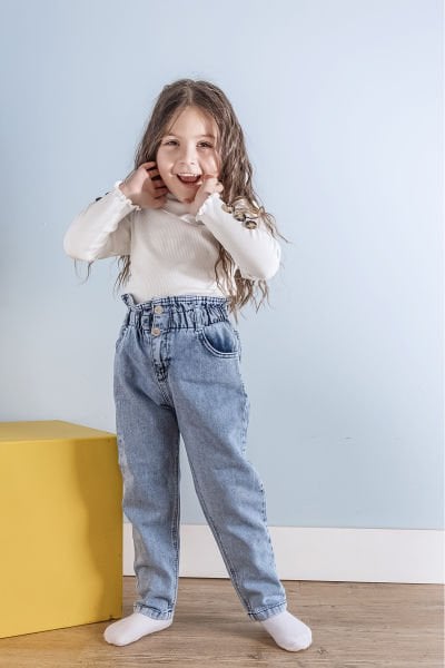 Yüksek Bel Kız Çocuk Kot Pantolon Çocuk Jean MAVİ - 9 Yaş