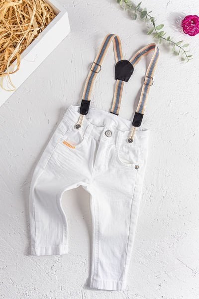 Askılı Beyaz Erkek Bebek Kot Pantolon