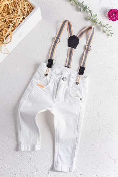 Askılı Beyaz Erkek Bebek Kot Pantolon