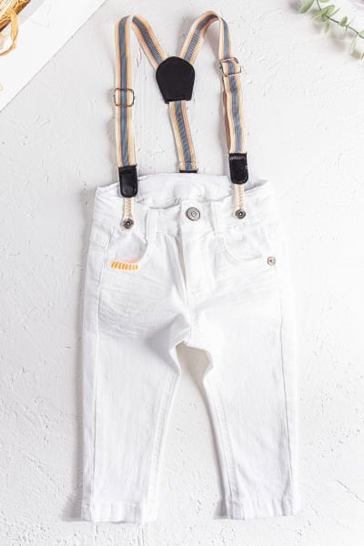 Askılı Beyaz Erkek Bebek Kot Pantolon