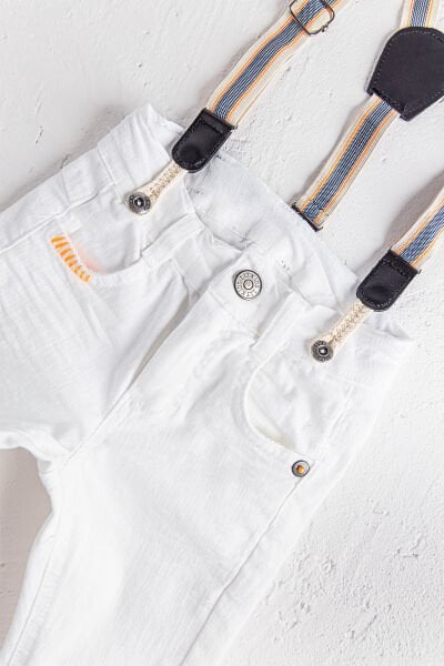 Askılı Beyaz Erkek Bebek Kot Pantolon