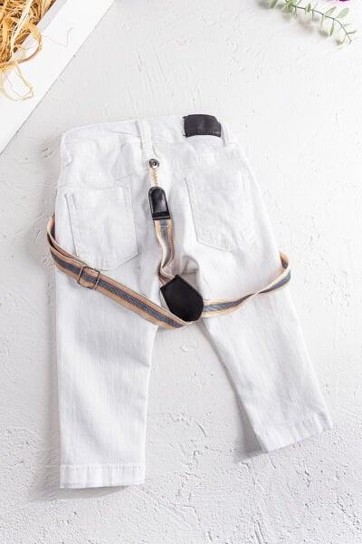 Askılı Beyaz Erkek Bebek Kot Pantolon