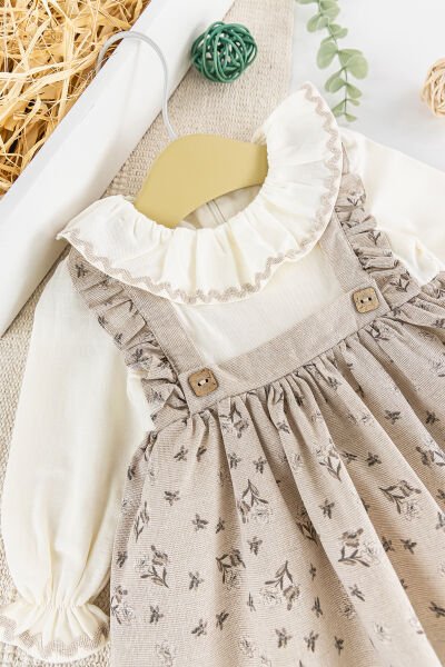 Çiçek Desenli Fırfırlı Keten Kız Bebek Elbise