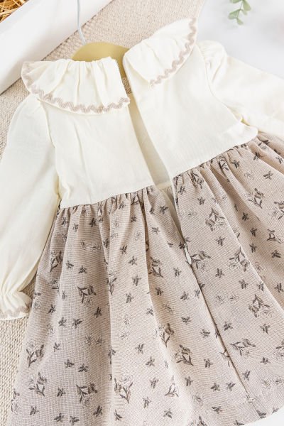 Çiçek Desenli Fırfırlı Keten Kız Bebek Elbise