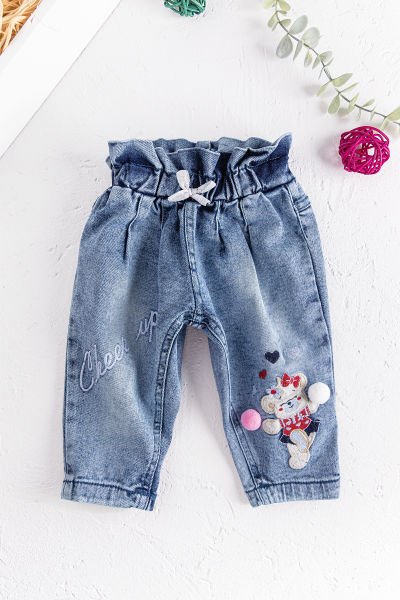 Beli Büzgülü Ayıcık İşlemeli Kız Bebek Kot Pantolon
