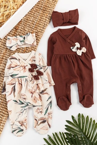 Çiçek Desenli Bandanalı 2'li Uzun Kollu Kız Bebek Tulum Takım