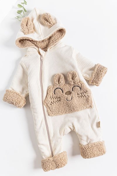 Figürlü Peluş Astarlı Kapüşonlu Bebek Tulum