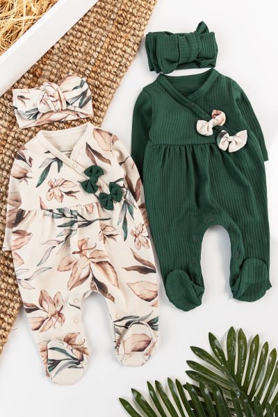 Çiçek Desenli Bandanalı 2'li Uzun Kollu Kız Bebek Tulum Takım YEŞİL -  0-3 AY
