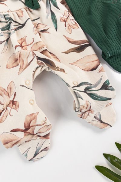 Çiçek Desenli Bandanalı 2'li Uzun Kollu Kız Bebek Tulum Takım YEŞİL -  0-3 AY