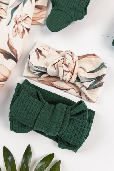 Çiçek Desenli Bandanalı 2'li Uzun Kollu Kız Bebek Tulum Takım YEŞİL -  0-3 AY