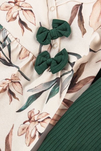 Çiçek Desenli Bandanalı 2'li Uzun Kollu Kız Bebek Tulum Takım YEŞİL - 3-6 AY