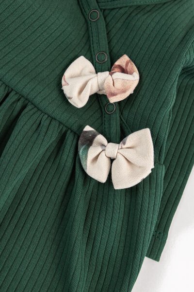 Çiçek Desenli Bandanalı 2'li Uzun Kollu Kız Bebek Tulum Takım YEŞİL - 3-6 AY