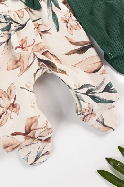 Çiçek Desenli Bandanalı 2'li Uzun Kollu Kız Bebek Tulum Takım YEŞİL - 3-6 AY