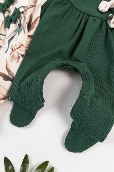 Çiçek Desenli Bandanalı 2'li Uzun Kollu Kız Bebek Tulum Takım YEŞİL - 3-6 AY