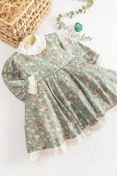 Çiçek Desenli Güpürlü Vintage Kız Çocuk Elbise