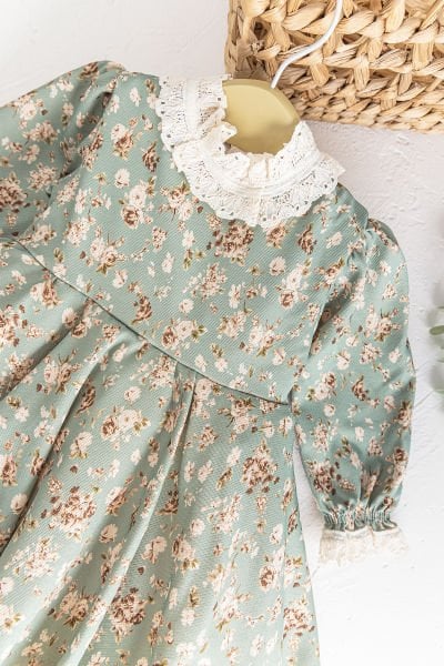 Çiçek Desenli Güpürlü Vintage Kız Çocuk Elbise
