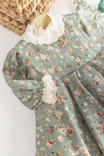 Çiçek Desenli Güpürlü Vintage Kız Çocuk Elbise