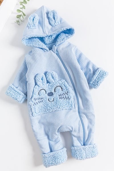 Figürlü Peluş Astarlı Kapüşonlu Bebek Tulum MAVİ - 3-6 AY