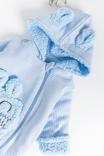 Figürlü Peluş Astarlı Kapüşonlu Bebek Tulum MAVİ - 3-6 AY