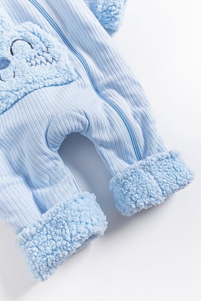 Figürlü Peluş Astarlı Kapüşonlu Bebek Tulum MAVİ - 3-6 AY