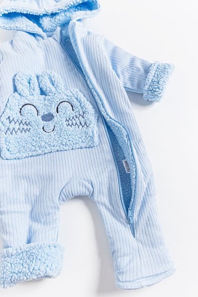 Figürlü Peluş Astarlı Kapüşonlu Bebek Tulum MAVİ - 3-6 AY