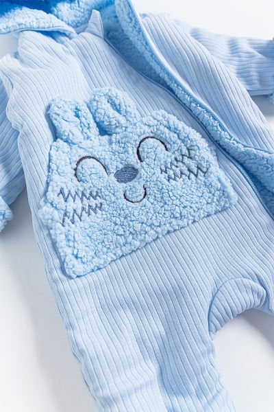 Figürlü Peluş Astarlı Kapüşonlu Bebek Tulum MAVİ - 3-6 AY