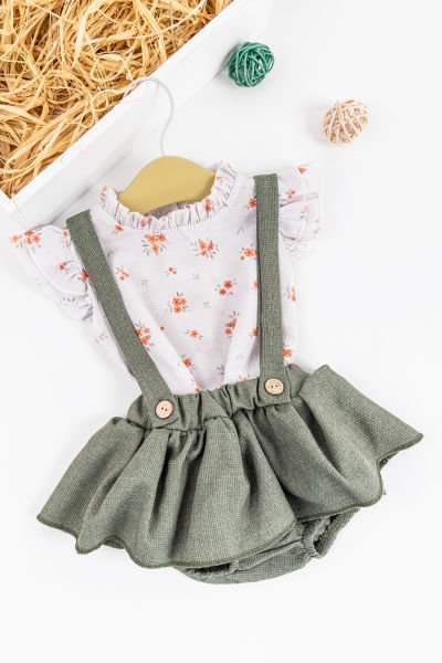 Çiçekli Desenli Gömlekli Kız Bebek Salopet Elbise Takım