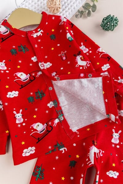 Yılbaşı temalı Pamuk Unisex Kırmızı Çocuk Pijama  Takımı