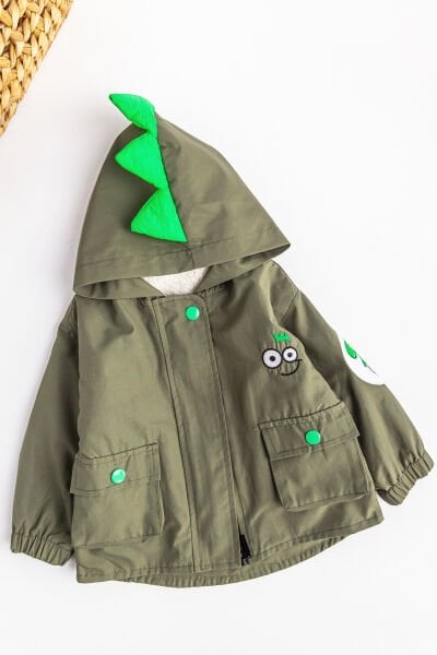 Dino Figürlü Kapüşonlu İçi Peluş Astarlı Erkek Bebek Mont