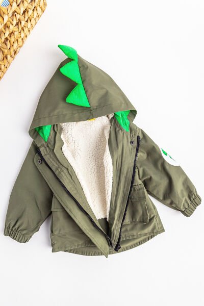 Dino Figürlü Kapüşonlu İçi Peluş Astarlı Erkek Bebek Mont