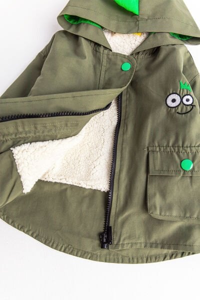 Dino Figürlü Kapüşonlu İçi Peluş Astarlı Erkek Bebek Mont