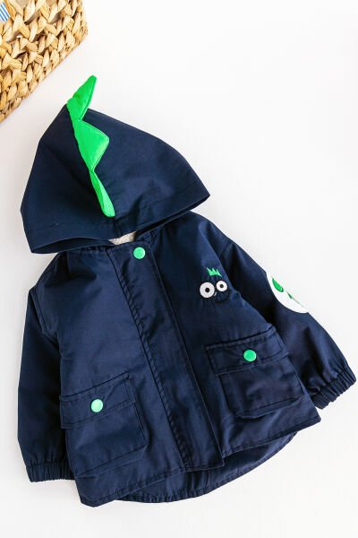 Dino Figürlü Kapüşonlu İçi Peluş Astarlı Erkek Bebek Mont LACİVERT - 3-6 AY
