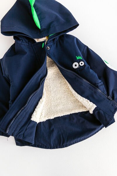 Dino Figürlü Kapüşonlu İçi Peluş Astarlı Erkek Bebek Mont LACİVERT - 3-6 AY
